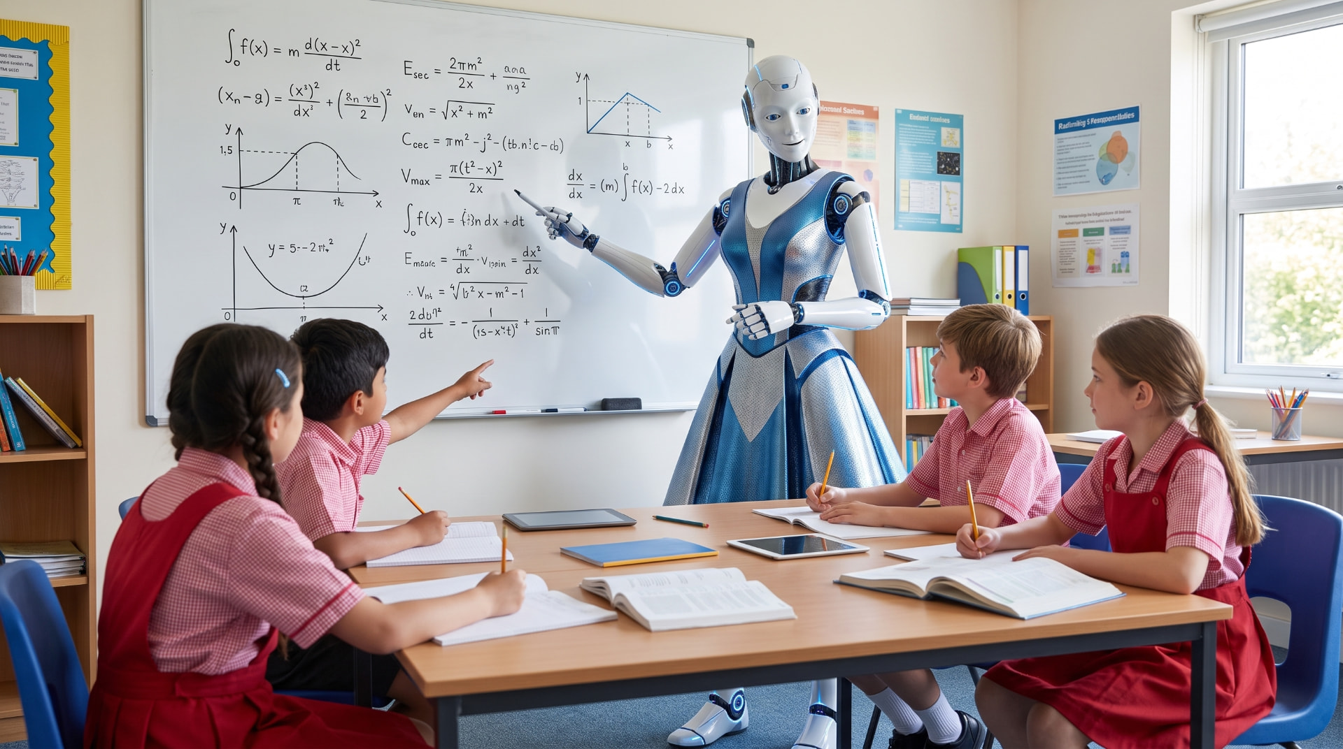 An AI robot teacher explaining a lesson on the whiteboard to students in school uniform